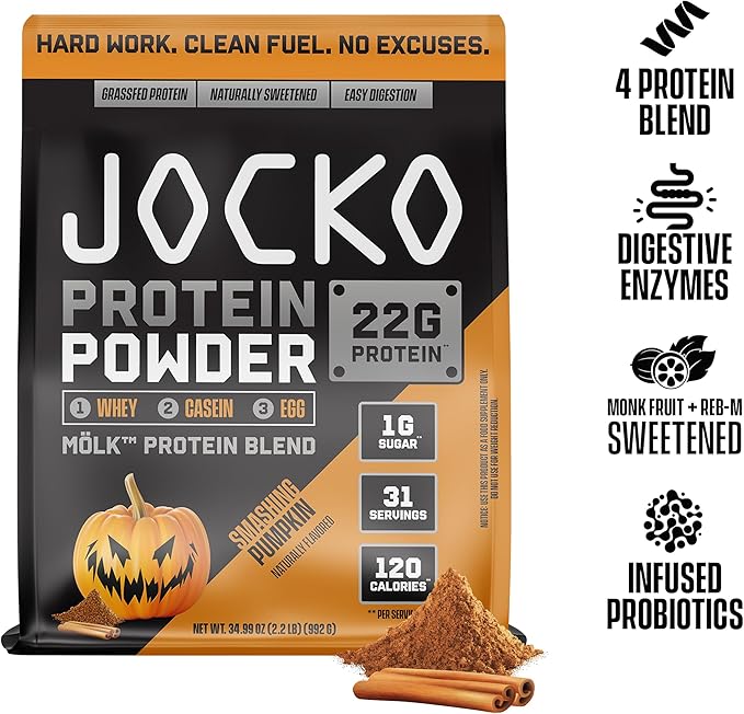 Jocko Mölk Whey Protein Powder 22g Sugar Free Monk Fruit Blend - Muscle Recovery & Growth, Packaging May Vary (31 Servings, Pumpkin)