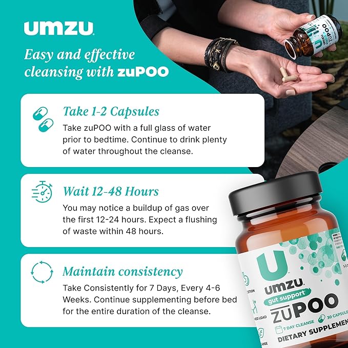 UMZU zuPOO Colon Health & Constipation Relief Supplement | Advanced Digestion Support with Apple Cider Vinegar, Ginger & Milk Thistle for Gas & Bloating (15 Day Supply | 30 Capsules)
