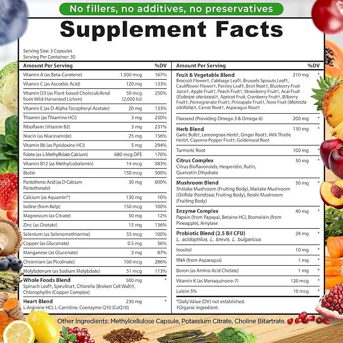 Vegan Whole Food Multivitamin Without Iron, Daily Multivitamin for Women and Men, Made with Fruits & Vegetables, B-Complex, Probiotics, Enzymes, CoQ10, Omegas, Turmeric, Non-GMO, 90 Count