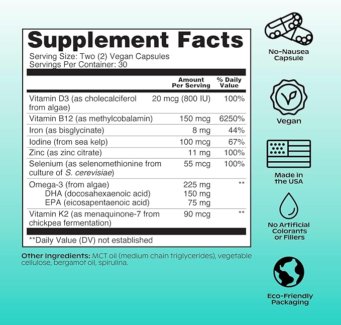 wholier -Plant-Based Vegan Multivitamin Omega 3 DHA + EPA, Vitamin D, Vitamin B12, Zinc, Vitamin K2, Iron, Iodine, Selenium. 60 Count (30-Day Supply) (Compostable Refill)