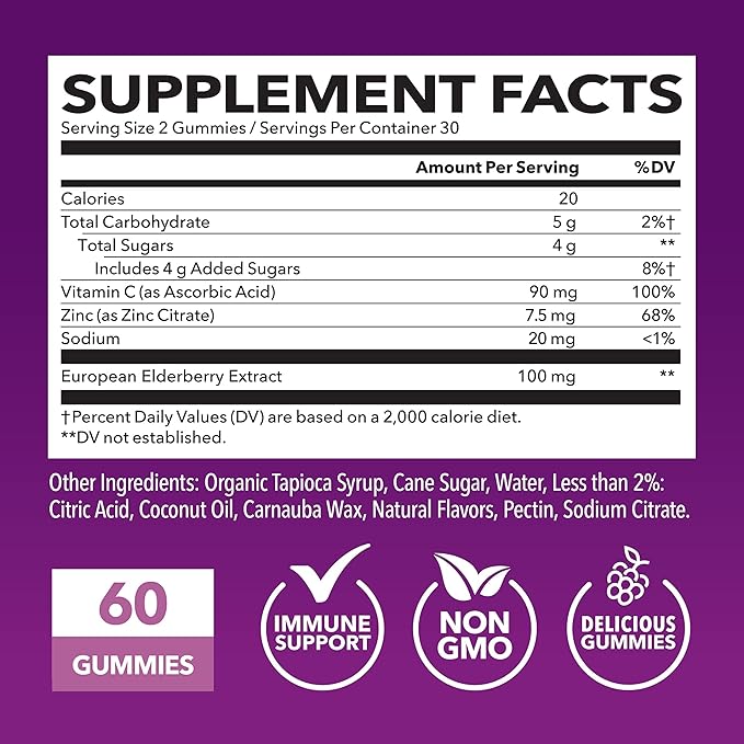 Sambucus Elderberry Gummies For Adults - Immune Support Gummies with Elderberry, Vitamin C and Zinc - Sambucus Elderberry Immune Support with Elderberry Extract - Berry-Flavored Gummies - Month Supply