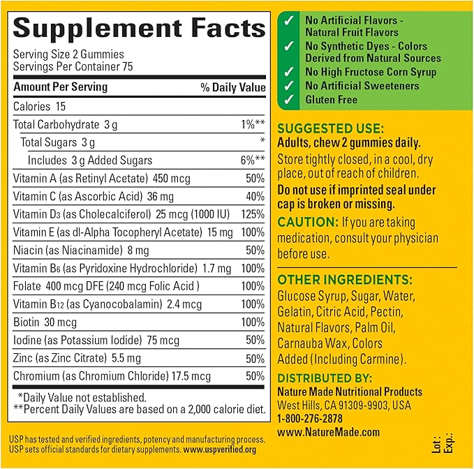 Nature Made Multivitamin Gummies, Dietary Supplement for Daily Nutritional Support, 150 Gummy Vitamins and Minerals, 75 Day Supply