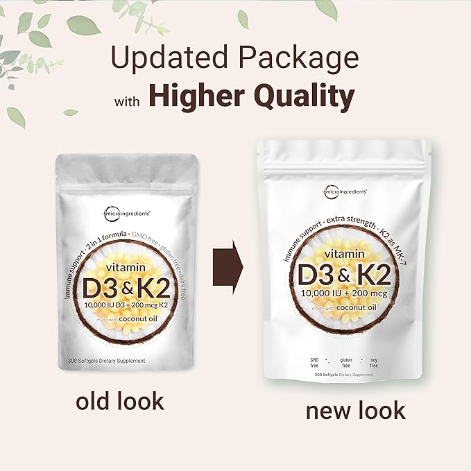 2 Pack Vitamin D3 10000 iu Plus K2 (MK-7) 200 mcg, 300 Virgin Coconut Oil Softgels | 2 in 1 Vitamins D & K Complex | Supports Calcium Absorption, Bone, Immune, & Heart Health – Easy to Swallow