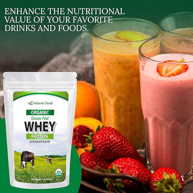 Z Natural Foods Organic Whey Protein Concentrate - Nutrient-Dense Grass Fed Whey Protein Powder - Cold Processed Pure Whey Protein with Essential Amino Acids for Nutrition & Fitness, Unflavored, 1 lb