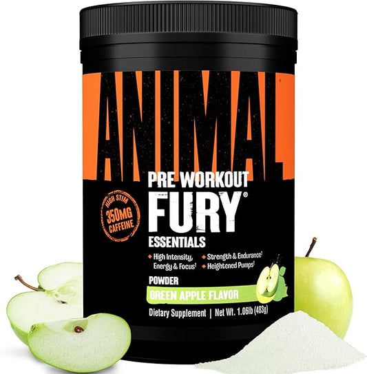 Animal Fury Pre Workout Powder - Energy and Focus Supplement with 5g BCAA, 350mg Caffeine Nitric Oxide Booster with Beta-Alanine, Preworkout for Men and Women, Green Apple Flavor, 30 Servings