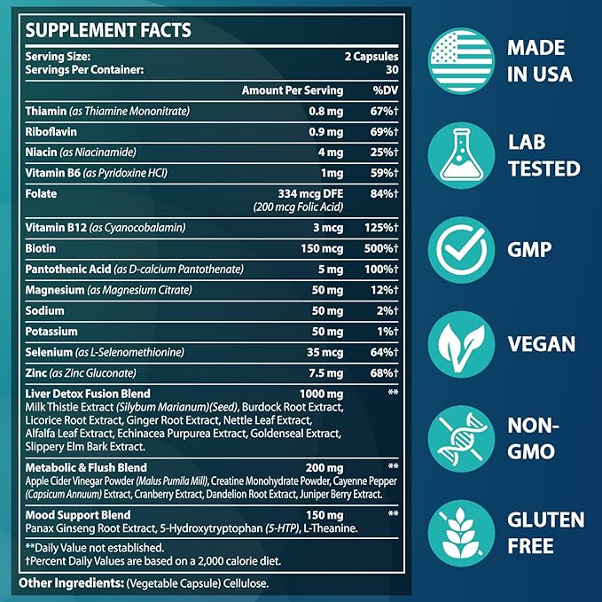 90,000 MG Detox and Cleanse, Body Detox for Men & Women, Fast Detox, Kidney Cleanse Detox & Repair, Natural Herbal Premium Formula for Liver, Digestion & Mood, Made in USA, 60 Caps