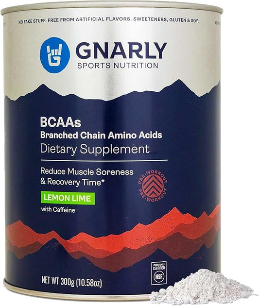 Gnarly Nutrition BCAA Powder - Pre-workout BCAAS Amino Acids, NSF Contents Certified, Supplement to Support and Rebuild Muscle - Lemon Lime, Caffeine (10.58oz)