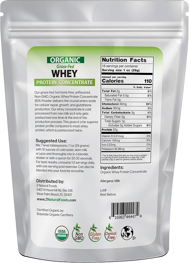 Z Natural Foods Organic Whey Protein Concentrate - Nutrient-Dense Grass Fed Whey Protein Powder - Cold Processed Pure Whey Protein with Essential Amino Acids for Nutrition & Fitness, Unflavored, 1 lb