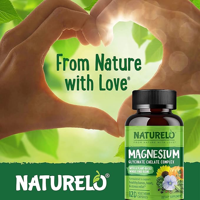 NATURELO Magnesium Glycinate Chelate Complex - 200 mg Magnesium with Organic Vegetables to Support Sleep, Calm, Muscle Cramp & Stress Relief – Gluten Free, Non GMO - 120 Capsules