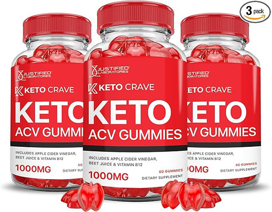 (3 Pack) Keto Crave Keto ACV Gummies Advanced Formula 1000MG Keto Crave Keto Gummies Apple Cider Vinegar Formulated with Pomegranate Beet Juice Powder B12 Vegan Non GMO 180 Gummys