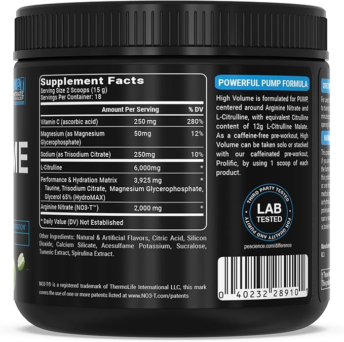 PEScience High Volume Nitric Oxide Booster Pre Workout Powder with L Arginine Nitrate, Green Apple, 36 Scoops, Caffeine Free