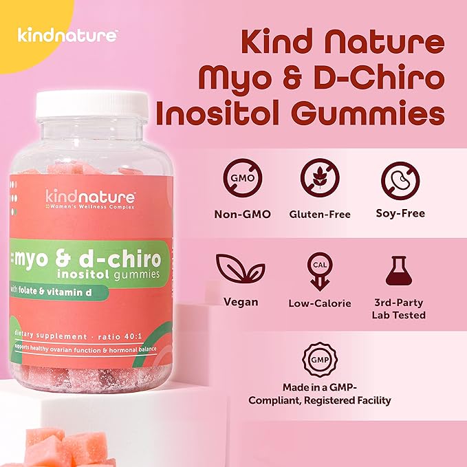 Kind Nature Myo-Inositol & D-Chiro Inositol Gummies with Vitamin D & Folate - Ideal 40:1 Ratio - 30 Day Supply