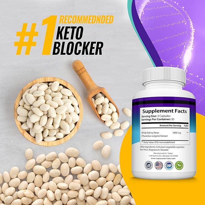 Toplux Keto Blocker Pills White Kidney Bean Extract - 1800 mg Natural Ketosis, Support Keto Diet, for Men Women, 90 Capsules, Supplement