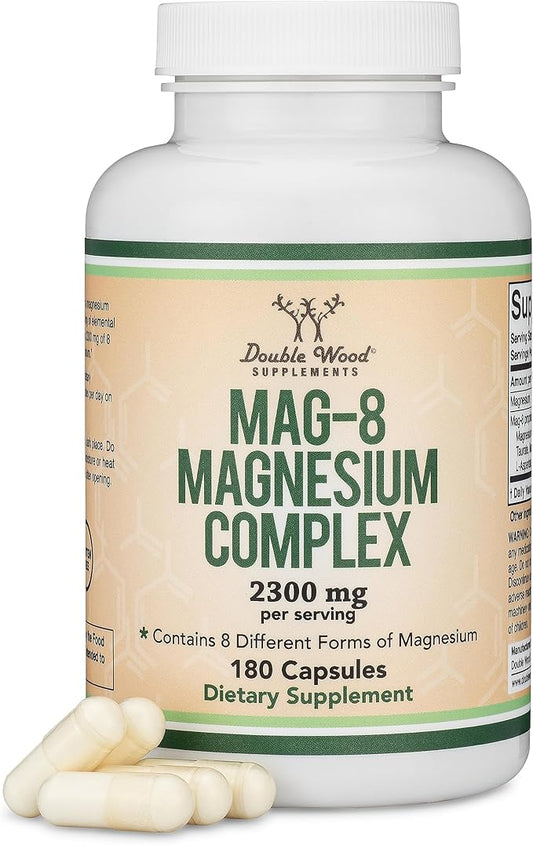 Magnesium Complex Supplement 180 Capsules (436mg Elemental Magnesium Provided by 2,300mg of Eight Different Forms of Magnesium) MAG-8 Provides 100% Daily Recommended Value of Magnesium by Double Wood