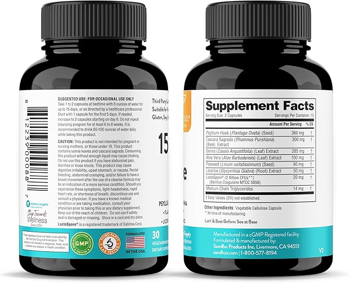 Sandhu's 15 Day Gut Cleanse Colon Detox for Women & Men| Supports Colon Cleansing & Digestive Health| Senna, Cascara Sagrada, Psyllium Husk & Probiotics| 30 Capsules Dietary Supplement,15 Days Supply