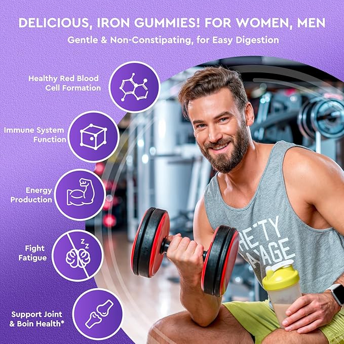 Iron Gummies - with Calcium, Zinc, Folate & Vitamin B12, C, B6 for Adults & Kids - Blood Builder & Energy Support for Iron Deficiency, Anemia, Vegan - Grape Flavour,60 Gummies
