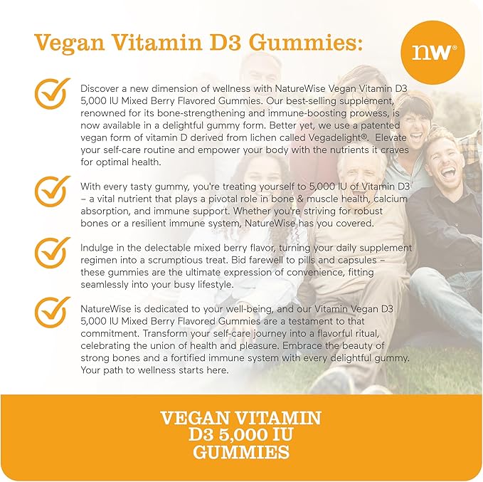 NatureWise Vitamin D3 5000 IU Gummies - Mixed Berry Flavor - Vegan D from Lichen, Pectin Based, Immune Support for Adults, Muscle & Bone Strength - Gluten Free, Non-GMO - 60 Count[1-Month Supply]