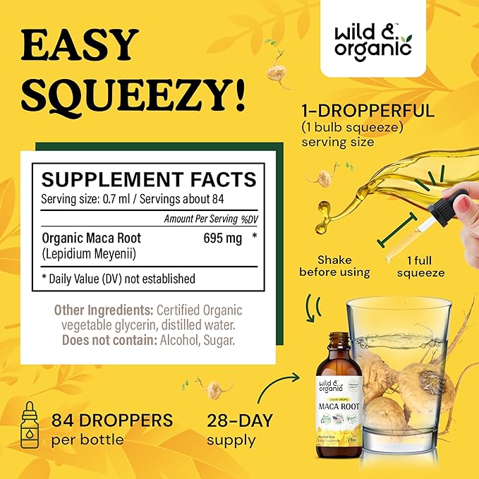 Wild & Organic Maca Root Drops for Women & Men - Supports Mood, Focus, Active Lifestyle - Alcohol Free Maca Tincture - Liquid Maca Root Supplement - Vegan, No Additives - 2 fl oz