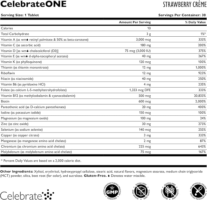 Celebrate Vitamins CelebrateONE Chewables, Iron Free - One A Day Bariatric Multivitamin, Essential Vitamins & Minerals - Gastric Bypass & Sleeve Gastrectomy Supplement - Strawberry Creme (30 Tablets)