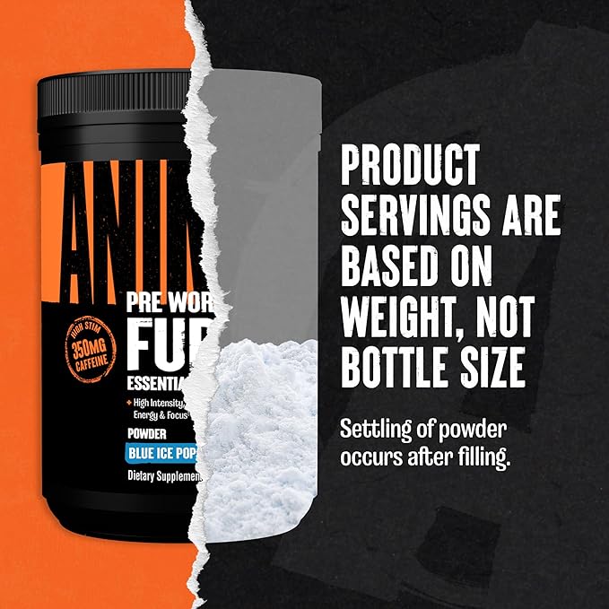 Animal Fury Pre Workout Powder - Energy and Focus Supplement with 5g BCAA, 350mg Caffeine Nitric Oxide Booster with Beta-Alanine, Preworkout for Men and Women, Blue Ice Pop Flavor, 30 Servings