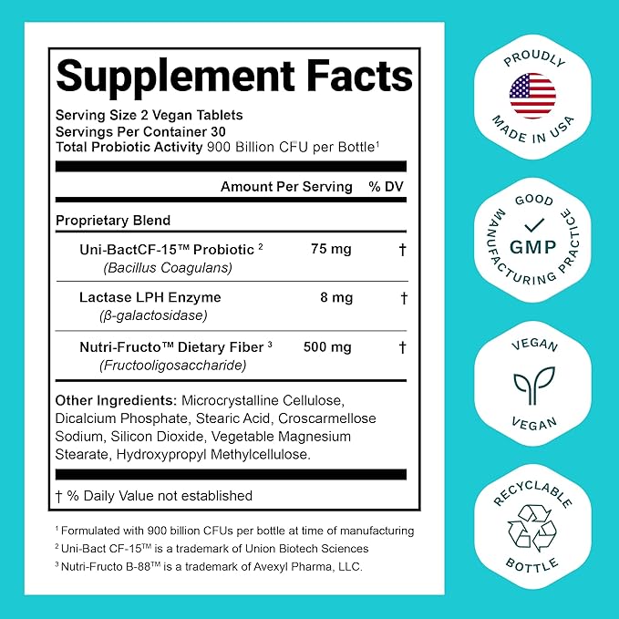 Probiotics for Women and Men - with Lactase Enzyme and Prebiotic Fiber for Digestive Health - 80%+ More Potent Supplement for Gut Health Support - Vegan Raw Probiotic Formula, Made in The USA