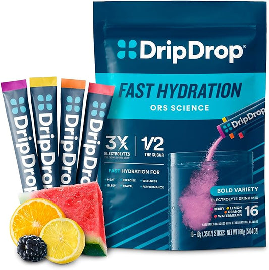 DripDrop Hydration - Bold Variety Pack - Electrolyte Drink Mix Single Serve Hydration Powder Packets - Watermelon, Berry, Lemon, Orange | Non-GMO, Gluten Free, Vegan | 16 Sticks