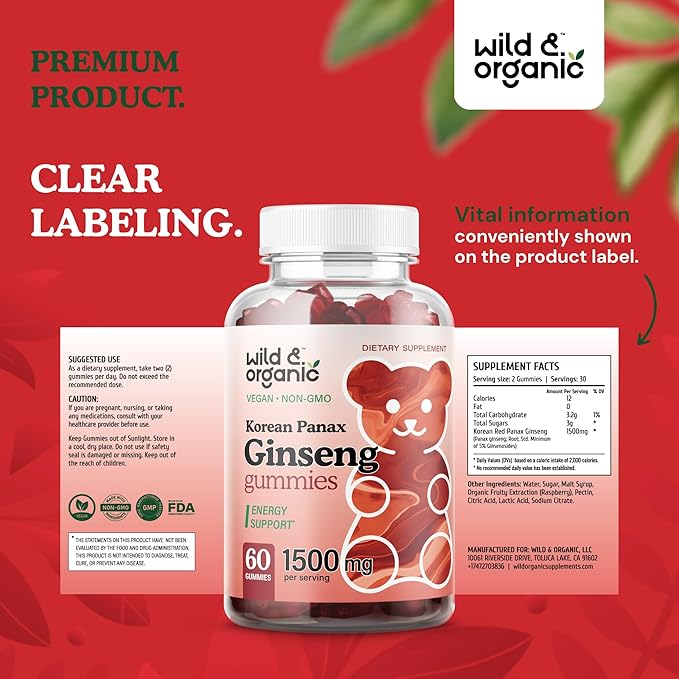 Wild & Organic Panax Ginseng Gummies 1500 mg - Korean Red Ginseng Supplement for Energy, Brain & Immune Support - Vegan, Non-GMO Root Powder Based Chews - 60 Count