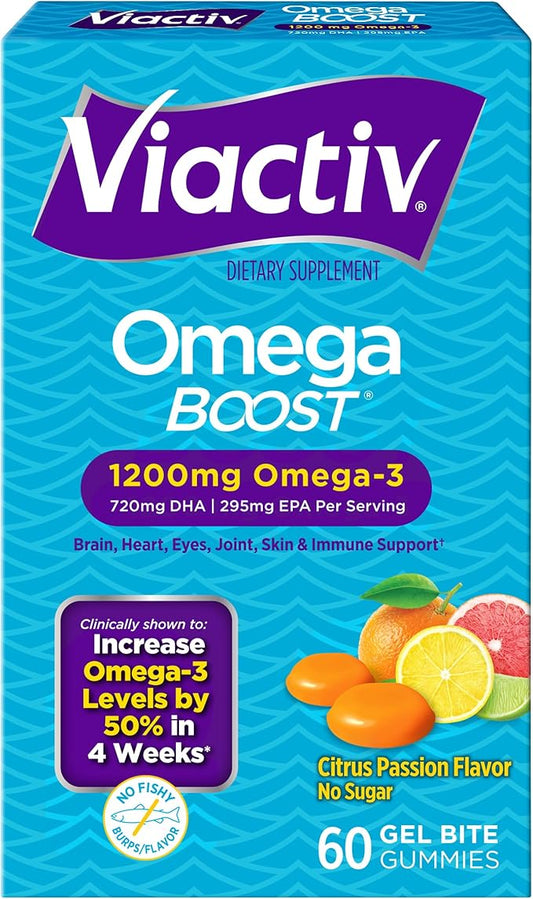 Viactiv Omega Boost Supplement, 1200 mg Omega-3s, 60 Chewable Gel Bite Gummies (Packaging May Vary)