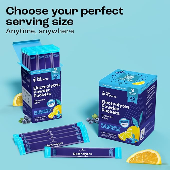 KEY NUTRIENTS Multivitamin Electrolytes Powder Packets - Delicious Blueberry Lemonade 20 Pack Hydration Packets - Travel Hydration Powder - No Sugar, No Calories, Gluten Free - Made in USA