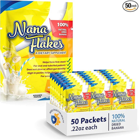 Nutritional Designs Nana Flakes Anti-Diarrheal Banana Powder, IBS Relief & Heart Burn Remedy, 100% Pure Banana Flakes Medical Food - Natural - High Protein& Fiber (50 Single-Serve Packs)