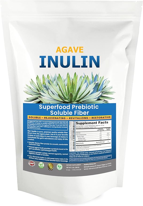 Inulin Powder (48oz/3 lbs) Gentle Agave Prebiotic Soluble Fiber Supplement for Digestive Support, Gut Health, Vegan Baking, Smoothies & Drinks
