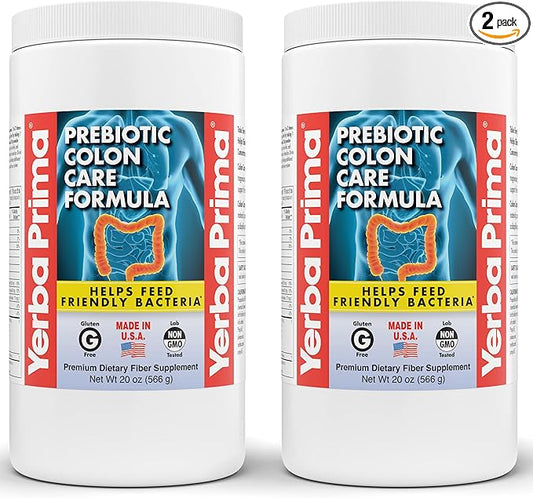 Yerba Prima Prebiotic Colon Care Formula, 20 oz Powder (Pack of 2) with FOS - Natural Psyllium Fiber, Magnesium, Selenium - Non-GMO, Gluten Free, Vegan Daily Supplement - for Men & Women