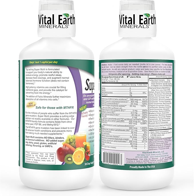 Vital Earth Minerals Super Multi – Liquid Multivitamins for Women, Men & Kids, Liquid Vitamins with Fulvic Acid for Better Absorption, MTHFR Support, 32 Oz + 1 Oz Cup