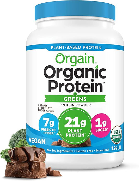 Orgain Organic Vegan Protein Powder + Greens, Creamy Chocolate Fudge - 21g Plant Based Protein, 7g Prebiotic Fiber for Gut Health, Gluten Free, No Lactose Ingredients, No Sugar Added, Non-GMO - 1.94lb