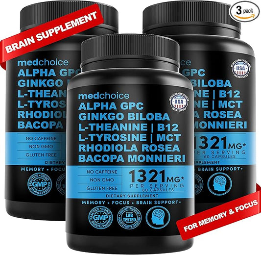11-in-1 Nootropic Brain Supplements: Memory & Focus Supplement with Ginkgo Biloba, L Theanine, Bioperine, & Alpha GPC Choline - 1321mg, 60ct - Stimulant Free, Vegan - Focus Brain Support (3 pack)