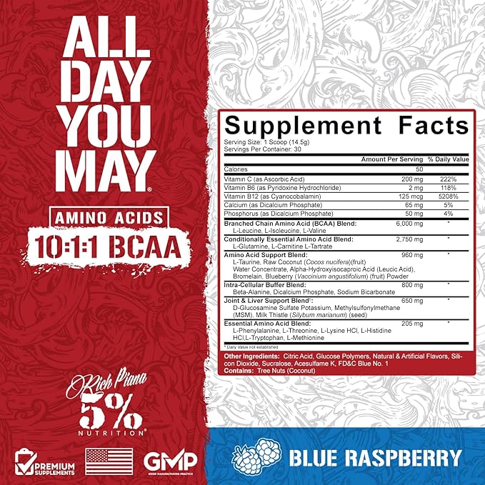 5% Nutrition Rich Piana AllDayYouMay BCAA Powder | Premium Intra & Post Workout Amino Acids, Hydration, Endurance, Muscle Recovery, Joint & Liver Support | 16.4 oz, 30 Servings (Blue Raspberry)