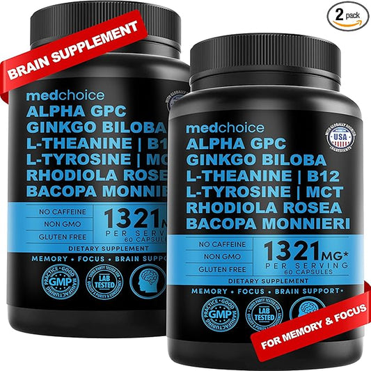 11-in-1 Nootropic Brain Supplements: Memory & Focus Supplement with Ginkgo Biloba, L Theanine, Bioperine, & Alpha GPC Choline - 1321mg, 60ct - Stimulant Free, Vegan - Focus Brain Support (2 pack)