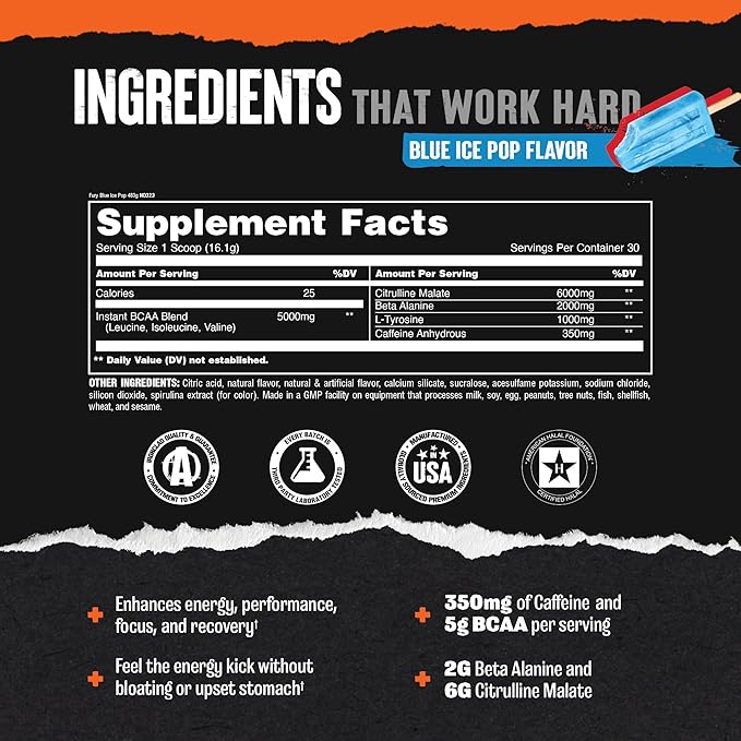 Animal Fury Pre Workout Powder - Energy and Focus Supplement with 5g BCAA, 350mg Caffeine Nitric Oxide Booster with Beta-Alanine, Preworkout for Men and Women, Blue Ice Pop Flavor, 30 Servings