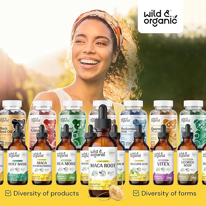 Wild & Organic Maca Root Drops for Women & Men - Supports Mood, Focus, Active Lifestyle - Alcohol Free Maca Tincture - Liquid Maca Root Supplement - Vegan, No Additives - 2 fl oz