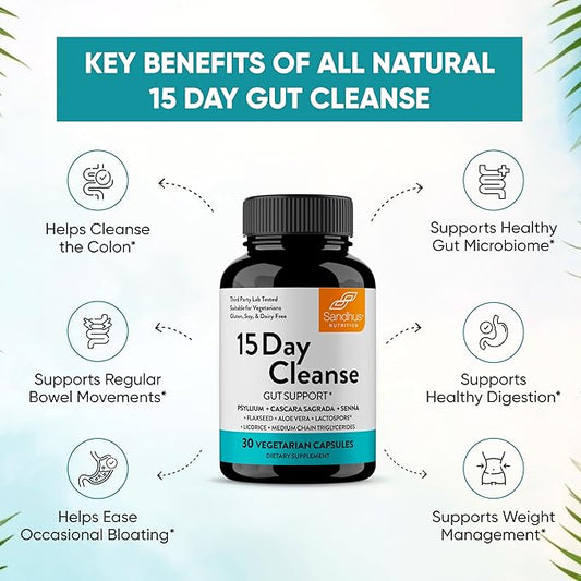 Sandhu's 15 Day Gut Cleanse Colon Detox for Women & Men| Supports Colon Cleansing & Digestive Health| Senna, Cascara Sagrada, Psyllium Husk & Probiotics| 30 Capsules Dietary Supplement,15 Days Supply