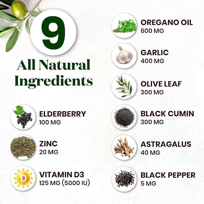 Oregano Oil 6000mg Garlic Extract 4000mg Olive Leaf 3000mg Black Seed Oil 3000mg Astragalus-Immune Support & Digestive Health Supplement for Women and Men- 60 Count