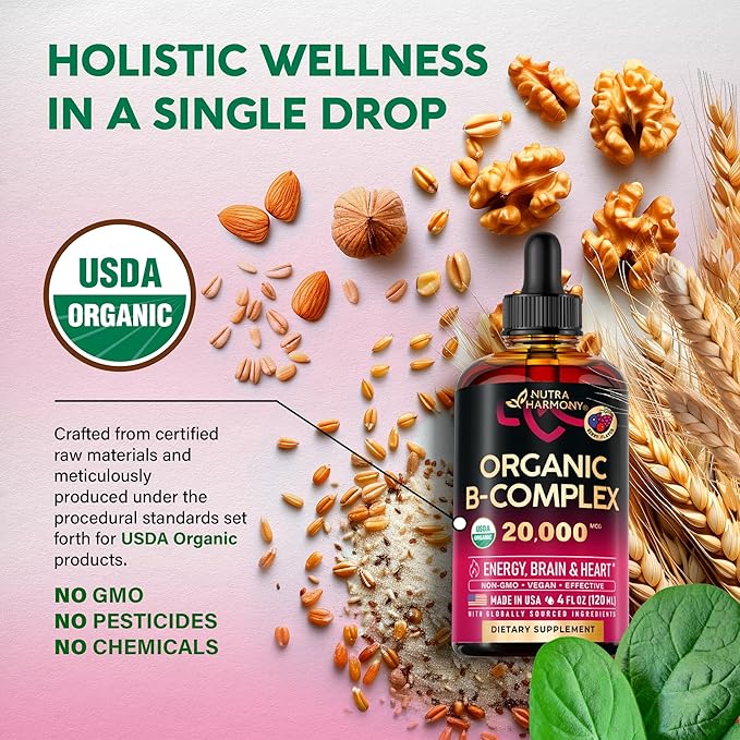 USDA Organic Vitamin B-Complex B5 Pantothenic Acid | B12 Methylcobalamin | B1 Thiamine | B6 Pyridoxine | B7 Biotin | B9 Folic | B3 Niacinamide - B Complex Liquid Drops, Made in USA Supplement, 4fl oz