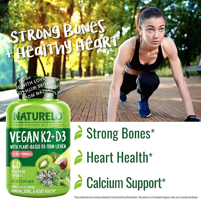 NATURELO Vitamin D3 K2 - Vegan K2+D3 with Plant Based D3 from Lichen - Natural D3 Supplement for Immune System, Bone Support, Heart Health - Whole Food - Non-GMO - Gluten Free, 60 Capsules (Pack of 2)