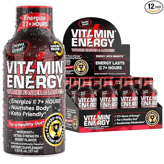 Pre Workout Vitamin Energy Drink - Keto Friendly Sugar Free Shots | Natural Clean Green Tea Caffeine with Proprietary Endurance Blend | Energize up to 7+ Hours - Berry - 1.93 Fl Oz (Pack of 12)