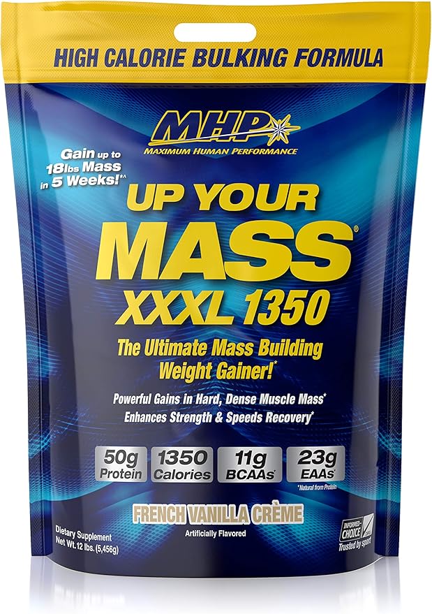 Maximum Human Performance MHP UYM XXXL 1350 Mass Building Weight Gainer, Muscle Mass Gains, w/50g Protein, High Calories, 11g BCAAs, Leucine, French Vanilla Creme, 16 Servings