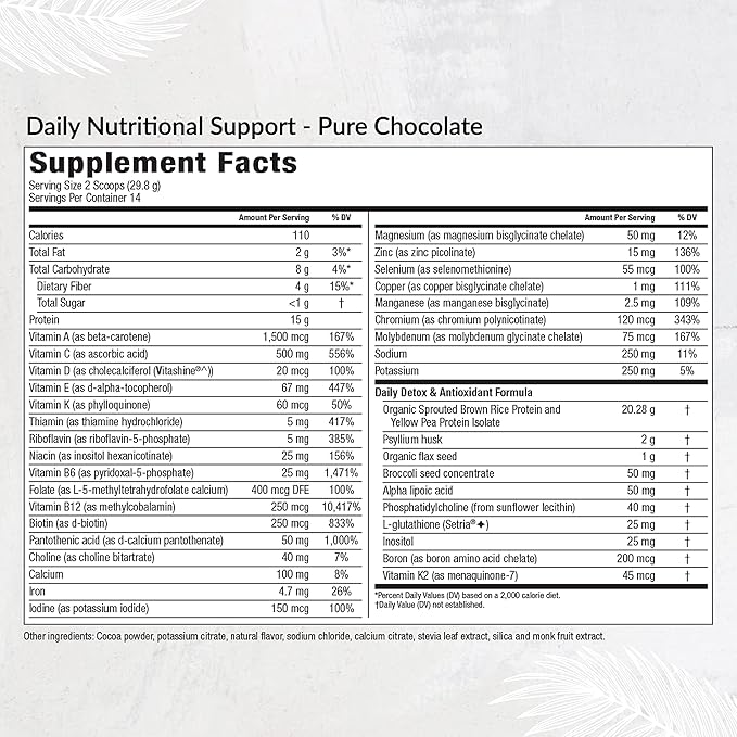 Equilife - Daily Nutritional Support, Organic and Plant Based Protein Powder, All-in-one Multivitamin, Boost Energy and Mood, Gut-Cleansing Aid and Skin Health (Pure Chocolate,14 Servings Bag)
