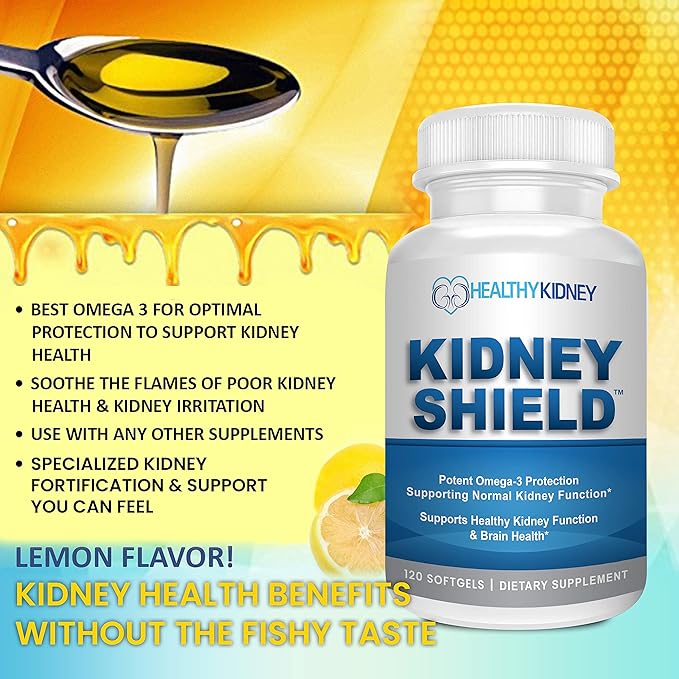 Kidney Shield Omega 3 Fish Oil Supplements - DHA EPA Omega 3 Supplement for Women & Men Kidney Health - Omega3 to Support Normal Kidney Function & Kidney Cleanse Detox & Repair - 120 Lemon Softgels
