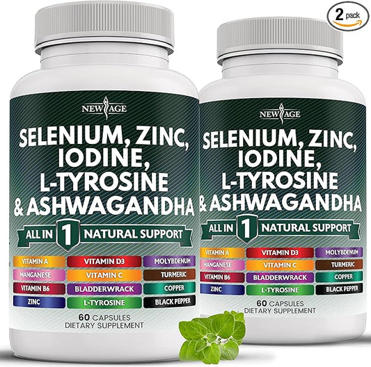 NEW AGE Selenium, Zinc, Iodine, L Tyrosine, Ashwagandha - Supplement for Women and Men with Bladderwrack, Turmeric, Silica Kelp, Schisandra - 120 Count