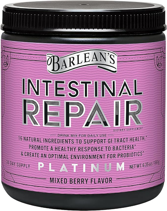 Barlean’s Intestinal Repair Gut Health Powder with 16 Digestive Supplements, L-Glutamine, Marshmallow & Licorice Root, Aloe Vera, and Fiber Mixed Berry Flavor, 6.35 oz