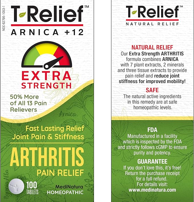 T-Relief Extra Strength Arthritis Pain Reliever Arnica +12 Natural Medicines for Joint Soreness Stiffness Aches, Quick Dissolving Pain Relief for Women & Men - 100 Tablets